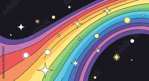 Vibrant Rainbow Pathway Through Starry Cosmos.