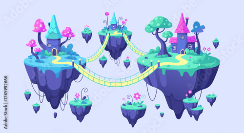 Whimsical fantasy floating islands connected by bridges with magical castles and vibrant trees.