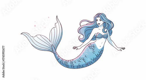 Beautiful blue haired mermaid swimming gracefully in the ocean.