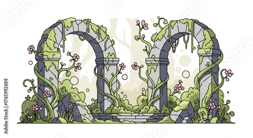 Ancient Stone Arches Overgrown with Lush Greenery and Mystical Vines.