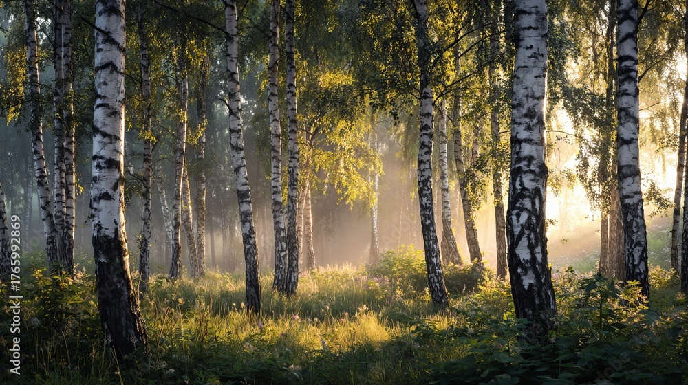 Fototapeta premium Sunlit birch forest with ethereal morning mist and golden light filtering through leaves