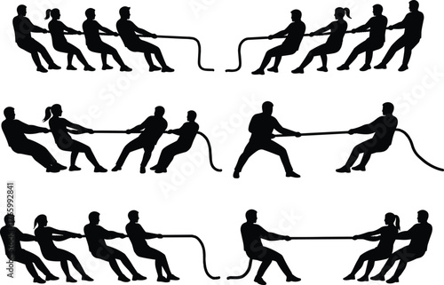 Tug-of-war silhouette, teamwork and competition concept, group pulling rope scene, physical challenge illustration, black vector for unity and effort