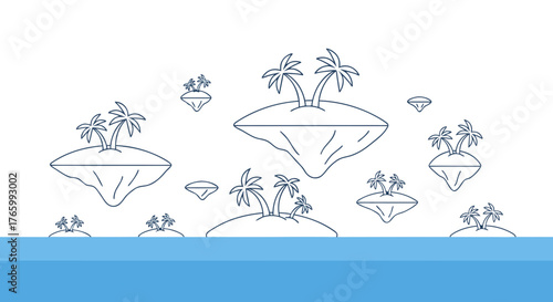 Floating Islands with Palm Trees in a Minimalist Line Art Style.