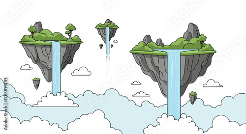 Floating islands with waterfalls and lush greenery in a fantasy landscape.