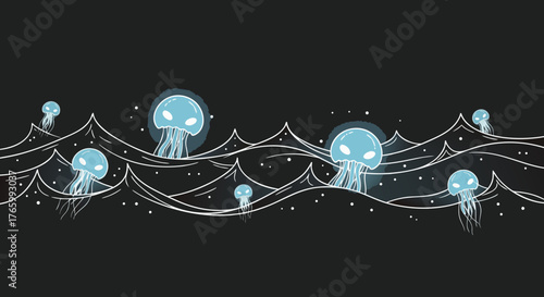 Glowing Jellyfish in a Dark Ocean Illustration.