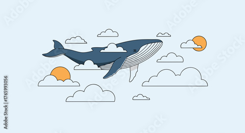 Majestic Blue Whale Soaring Through Fluffy Clouds in a Dreamlike Sky.