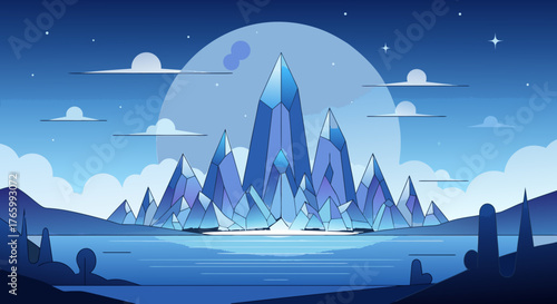 Majestic Mountain Peaks Under a Full Moon at Night.