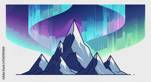 Majestic Mountain Peaks Under the Aurora Borealis A Vector Illustration.