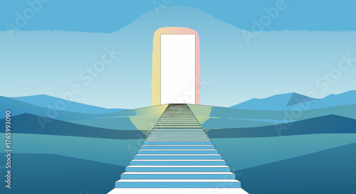 Minimalist illustration of a bridge leading to a distant structure over water.
