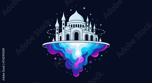 Mosque on a Floating Island with Vibrant Nebula Clouds.