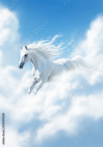 A white horse is flying through the clouds in the sky