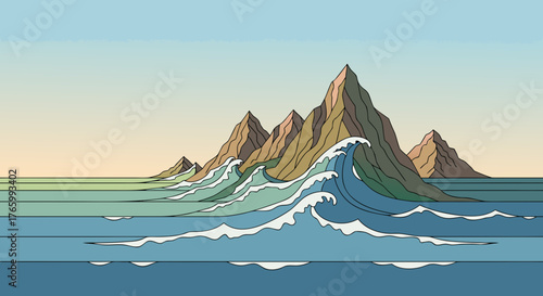 Stylized Island Landscape with Waves and Mountains in Minimalist Style.