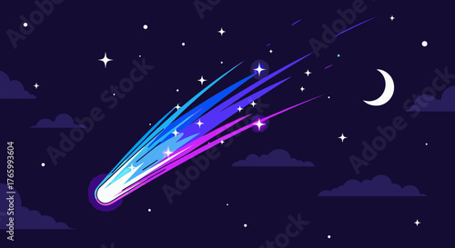 Vibrant Comet Streaking Across the Night Sky with Stars and Moon.