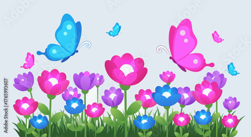 Vibrant Butterflies and Colorful Flowers in a Whimsical Garden Scene.