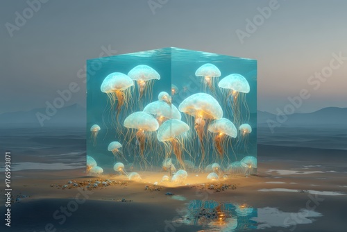 A mesmerizing scene of a group of translucent jellyfish swimming gracefully in a large container, their glowing bodies illuminating the water.
