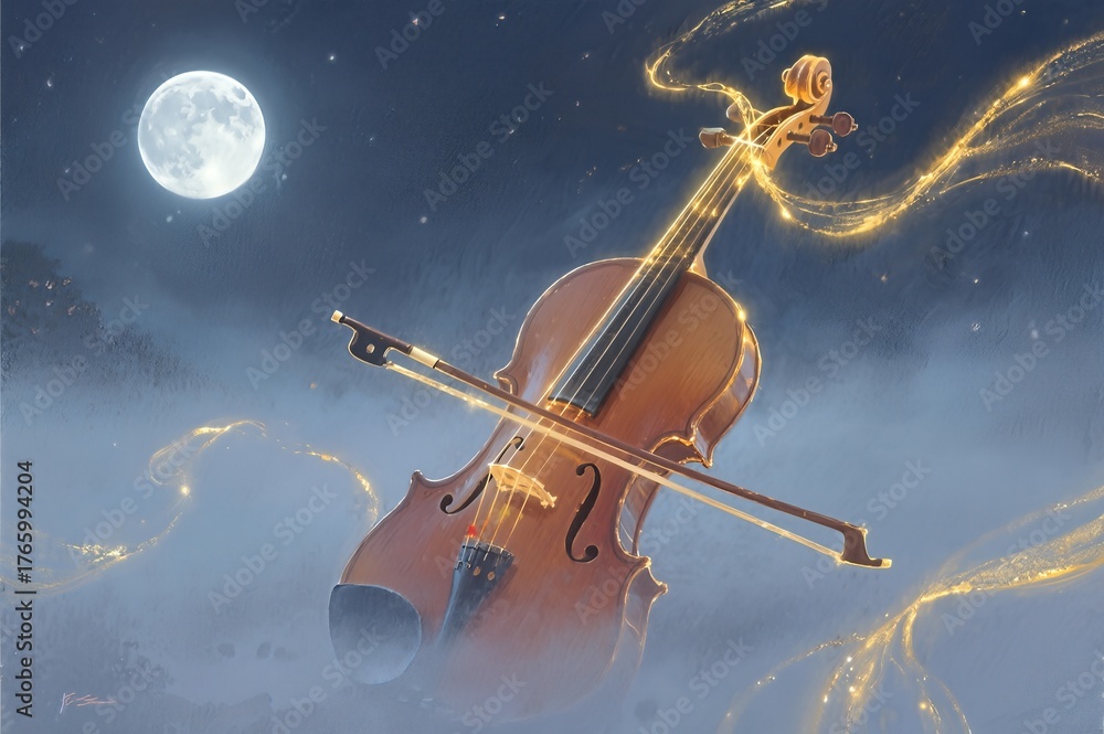 Fototapeta premium Violin floating in a night sky with a bright moon and golden light trails