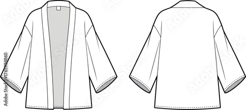 Front and back view of kimono style jacket, loose sleeve cardigan design, fashion flat sketch, clothing technical drawing, cad drawing flat vector illustration