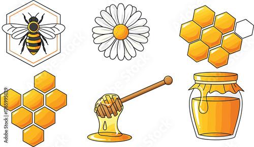Honey Bee, Daisy Flower, Honeycombs, Honey Dipper, and Honey Jar Icons Keywords: bee, honey bee, insect, daisy, flower, blossom, honeycomb, hexagon, cells, honey, sweet, nectar, dipper, stick, jar