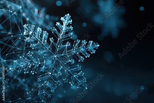 Glowing wireframe snowflake in neon cyan color, showcasing intricate geometric patterns and luminous details, set against a dark background with copy space for design