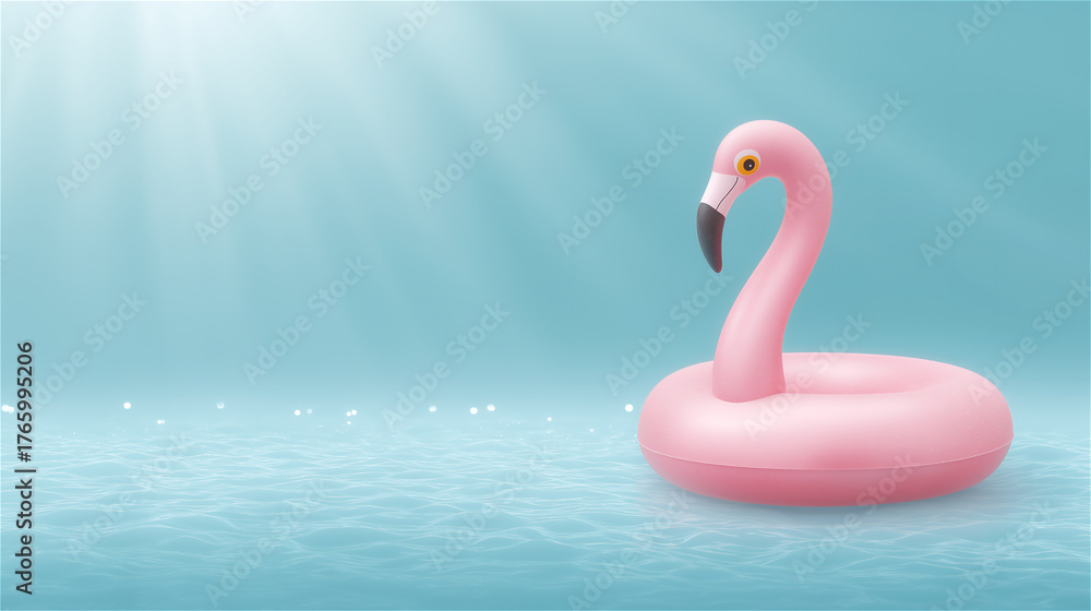 Fototapeta premium Pink inflatable flamingo floating on blue water under sunlight, summer fun and vacation concept with copy space.