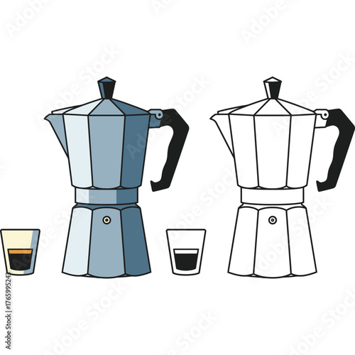 Moka pot and espresso shot illustration coffee italian caffettiera maker beverage drink glass