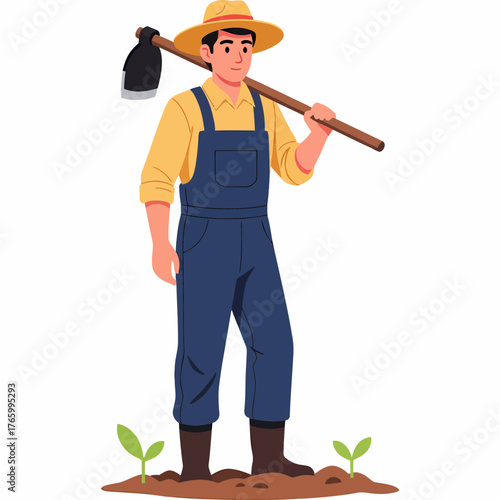 Confident farmer with hoe over shoulder stands proudly in soil with new seedlings growing around him