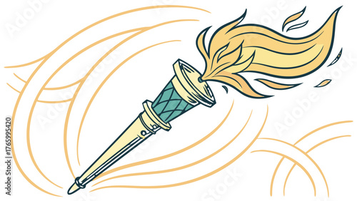 Illustration of a burning torch with golden flames and stylized background elements in a cartoon style