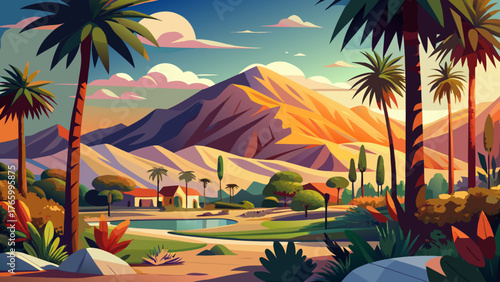 Very beautiful Palm Springs desert panorama in Coachella Valley, California, featuring tall palm trees, arid desert mountains, golden sunlight, and clear blue skies creating a serene southwestern land