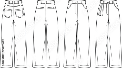 High waist pleated pants technical flat fashion sketch, front and back view, women trousers design, detailed sewing pattern, CAD drawing vector illustration
