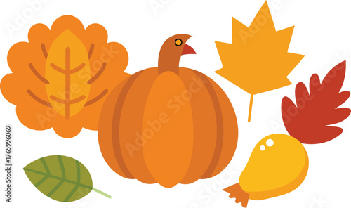 Thanksgiving day elements bundle turkey pumpkin autumn leaves vector illustration