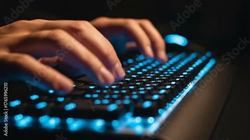 Hands typing on glowing backlit computer keyboard in dark room digital work technology