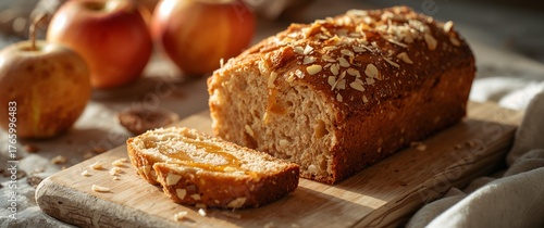 Homemade apple almond loaf cake with caramel drizzle