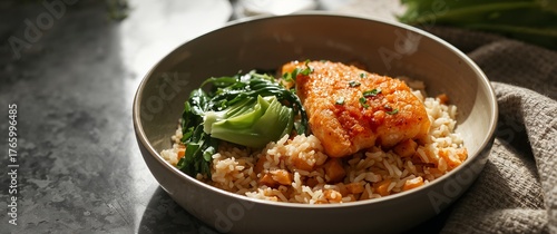 Grilled fish with rice and bok choy in ceramic bowl