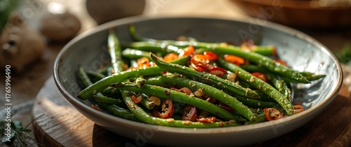 Spicy green beans with chili and sesame in ceramic bowl