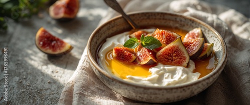 Greek yogurt with figs honey and mint in rustic bowl