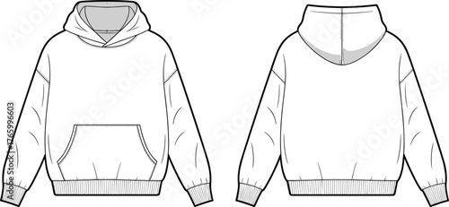 Hoodie sweatshirt flat sketch front and back view, vector technical drawing, casual fashion design template, unisex pullover fleece garment illustration for apparel design