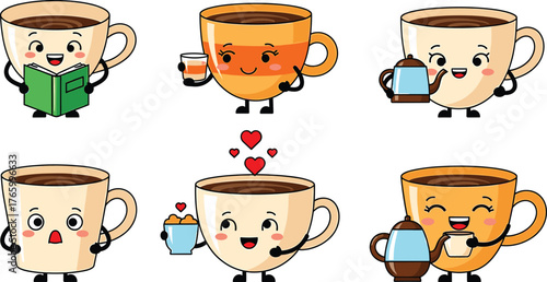 Six Adorable Cartoon Coffee Cups With Happy Faces And Various Activities Keywords: coffee cup, cartoon, cute, kawaii, happy, smiling, cheerful, character, illustration, beverage, drink, hot drink