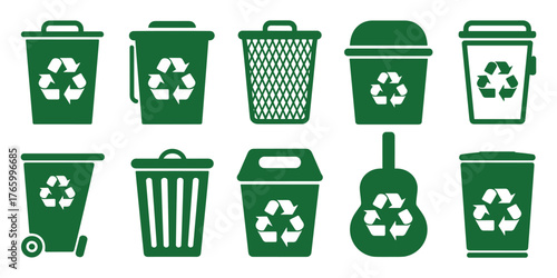 Collection of green recycling bins and waste bins vector illustration icons for eco-friendly campaigns