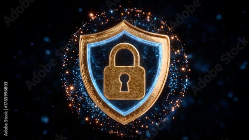 Strong gold padlock on futuristic shield symbolizes ultimate cybersecurity and data protection. glowing digital concept for network safety, privacy, information security, and secure technology