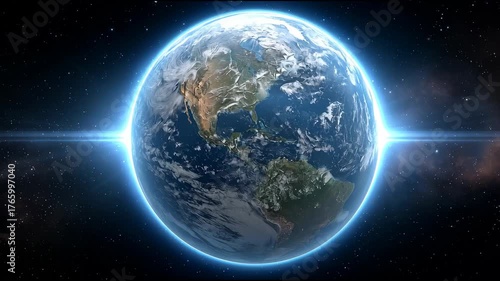 Awe inspiring view from space of planet earths glowing blue light. futuristic global network representing worldwide communication, data technology, and digital connection