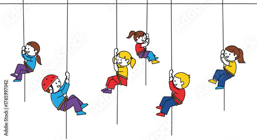Six cartoon children rappelling down ropes on a white background kids climbing