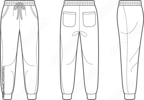 Jogger sweatpants technical flat sketch, front back and side view fashion design, detailed cad drawing vector, apparel template for clothing design illustration