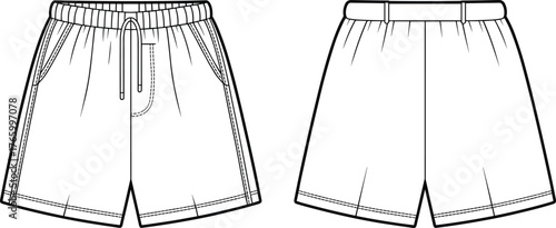 Kids elastic waist knit shorts front and back technical flat with drawstring pockets clean apparel outline for tech pack upload, cad drawing flat vector illustration