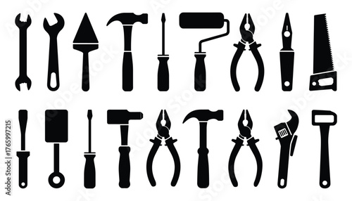 Collection of black silhouette construction and repair tools vector illustration scalable eps