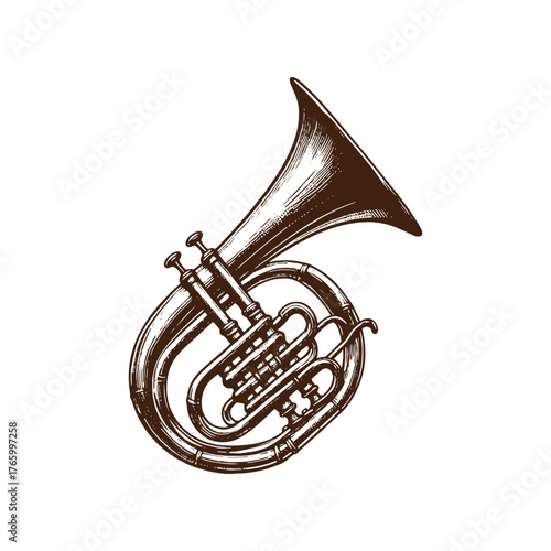 Western Brass Bugle Horn – Vintage Cowboy Instrument Illustration in Black and White
