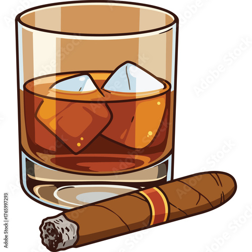 Whiskey on the rocks with a cigar illustration drink alcohol ice glass liquor tobacco brown cubes cocktail