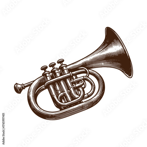 Western Brass Bugle Horn – Vintage Cowboy Instrument Illustration in Black and White