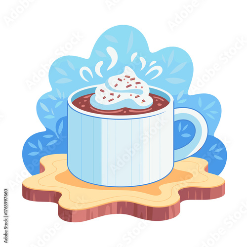 Hot chocolate with whipped cream in white mug vector on transparent background