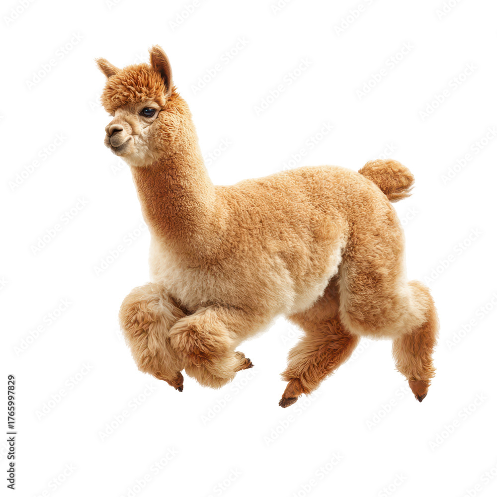 Naklejka premium Cute alpaca running happily in a bright, indoor setting during daytime isolated on transparent background