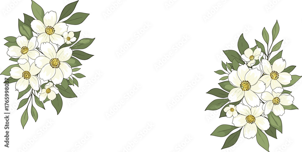 Naklejka premium Two Bouquets of White Flowers with Green Leaves on White Background Keywords: flowers, white flowers, green leaves, bouquet, floral, arrangement, botanical, nature, decoration, design element